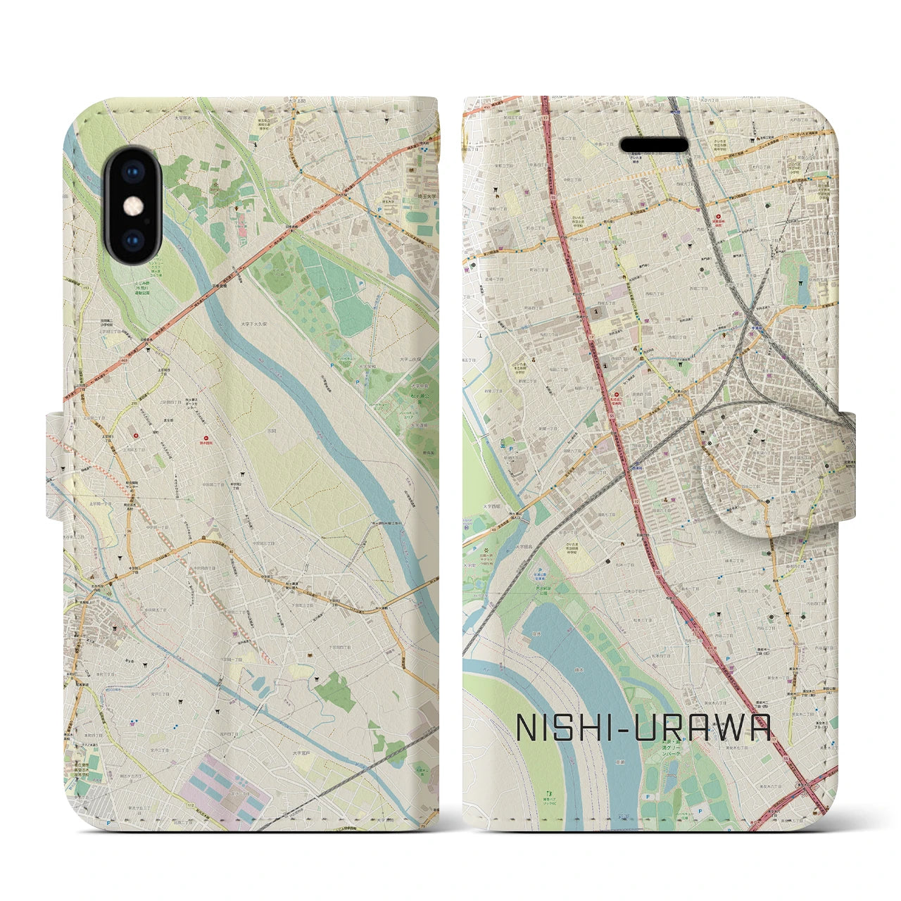 【西浦和】地図柄iPhoneケース（手帳両面タイプ・ナチュラル）iPhone XS / X 用