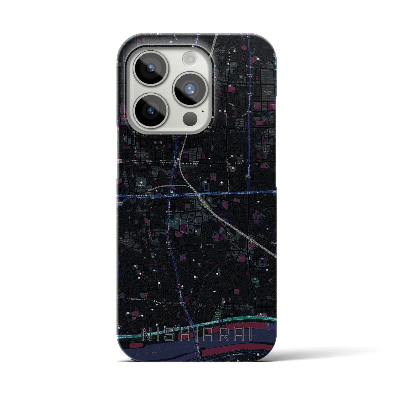 【西新井】地図柄iPhoneケース（バックカバータイプ・ブラック）iPhone 15 Pro 用
