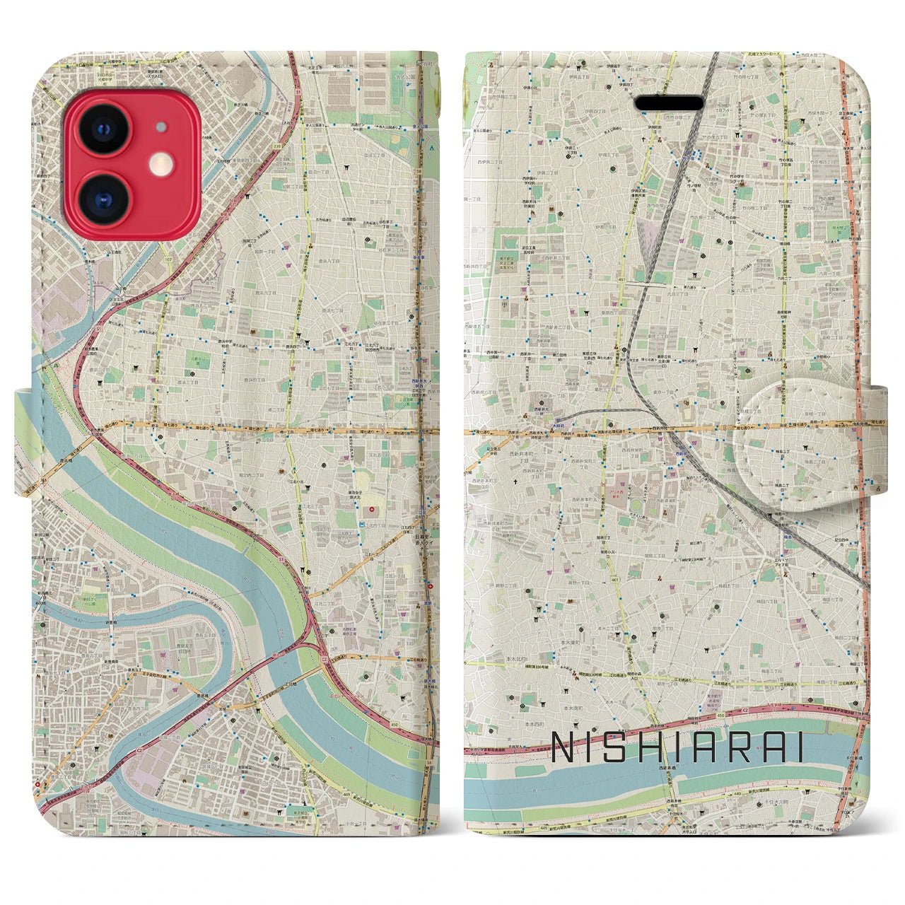 【西新井】地図柄iPhoneケース（手帳両面タイプ・ナチュラル）iPhone 11 用
