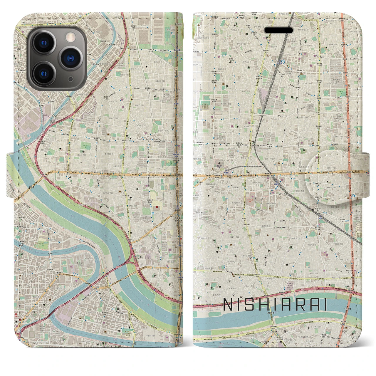 【西新井】地図柄iPhoneケース（手帳両面タイプ・ナチュラル）iPhone 11 Pro Max 用