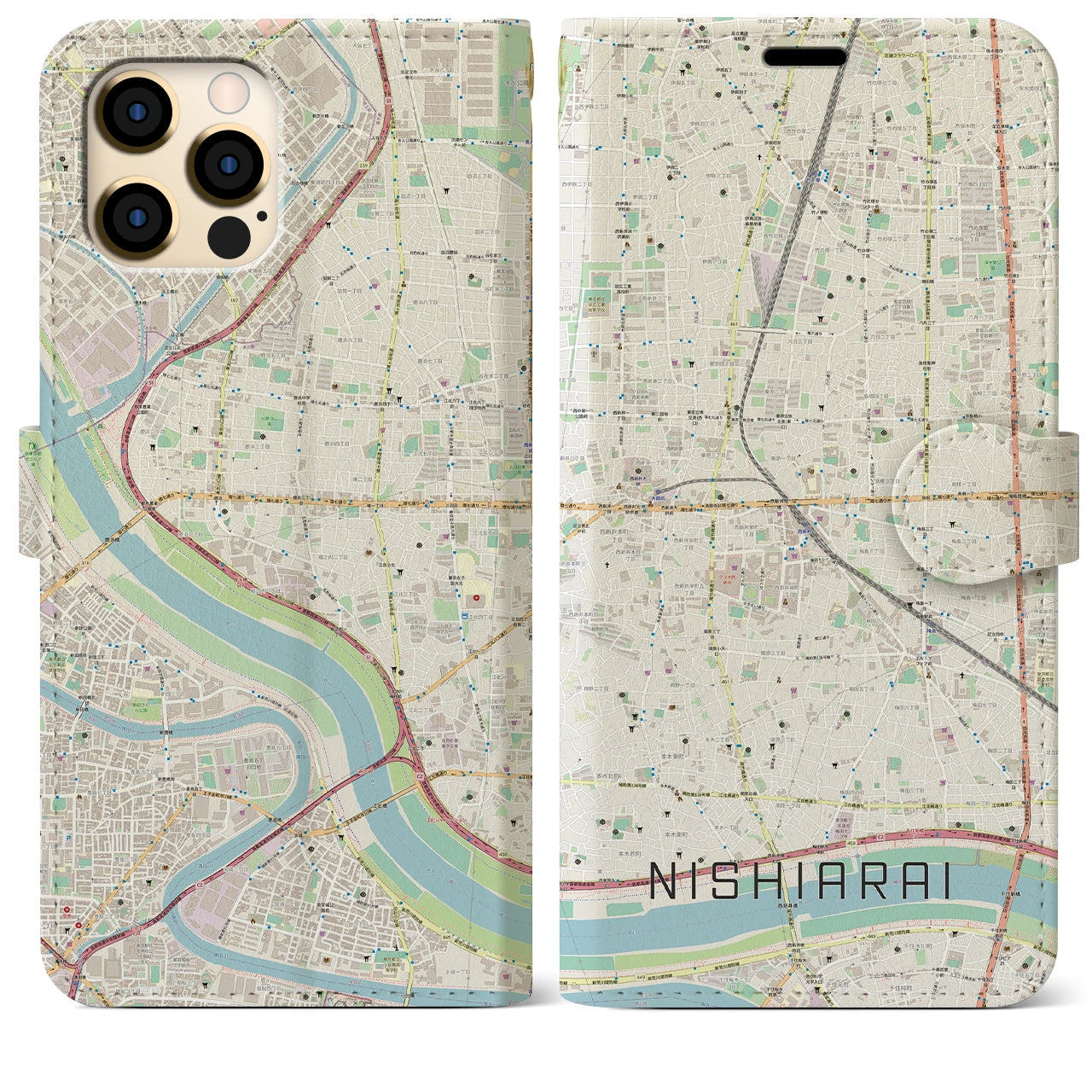 【西新井】地図柄iPhoneケース（手帳両面タイプ・ナチュラル）iPhone 12 Pro Max 用