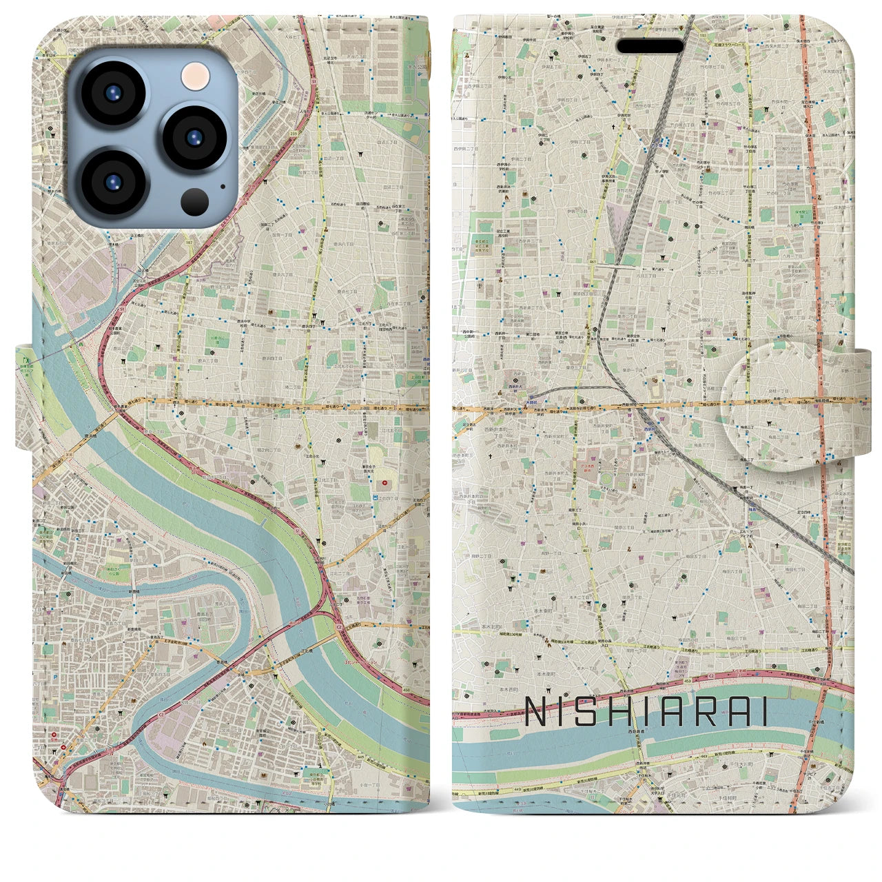 【西新井】地図柄iPhoneケース（手帳両面タイプ・ナチュラル）iPhone 13 Pro Max 用