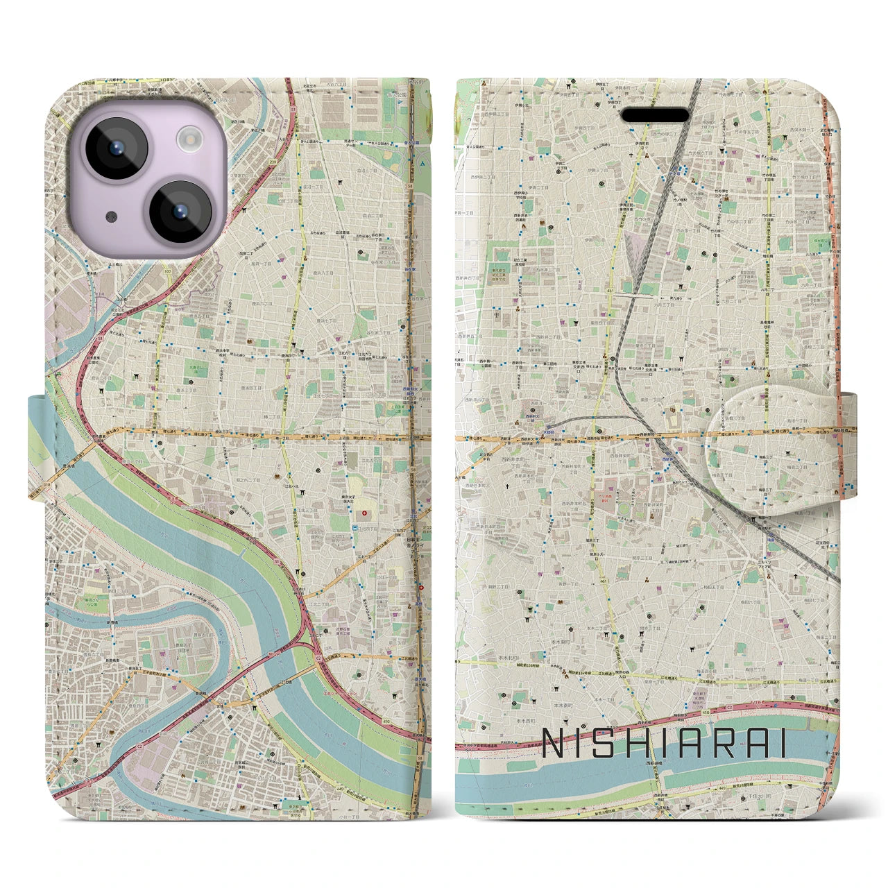 【西新井】地図柄iPhoneケース（手帳両面タイプ・ナチュラル）iPhone 14 用