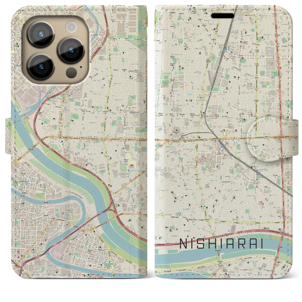 【西新井】地図柄iPhoneケース（手帳両面タイプ・ナチュラル）iPhone 14 Pro Max 用