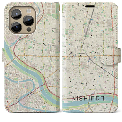 【西新井（東京都）】地図柄iPhoneケース（手帳タイプ）ナチュラル・iPhone 14 Pro Max 用