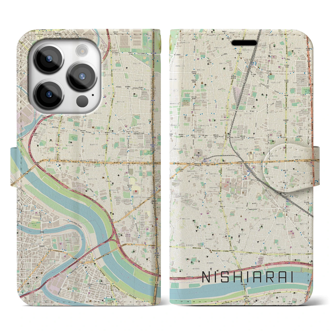 【西新井】地図柄iPhoneケース（手帳両面タイプ・ナチュラル）iPhone 14 Pro 用