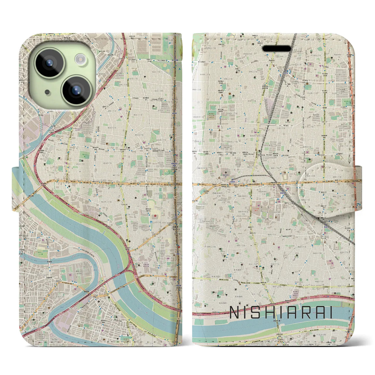 【西新井】地図柄iPhoneケース（手帳両面タイプ・ナチュラル）iPhone 15 用