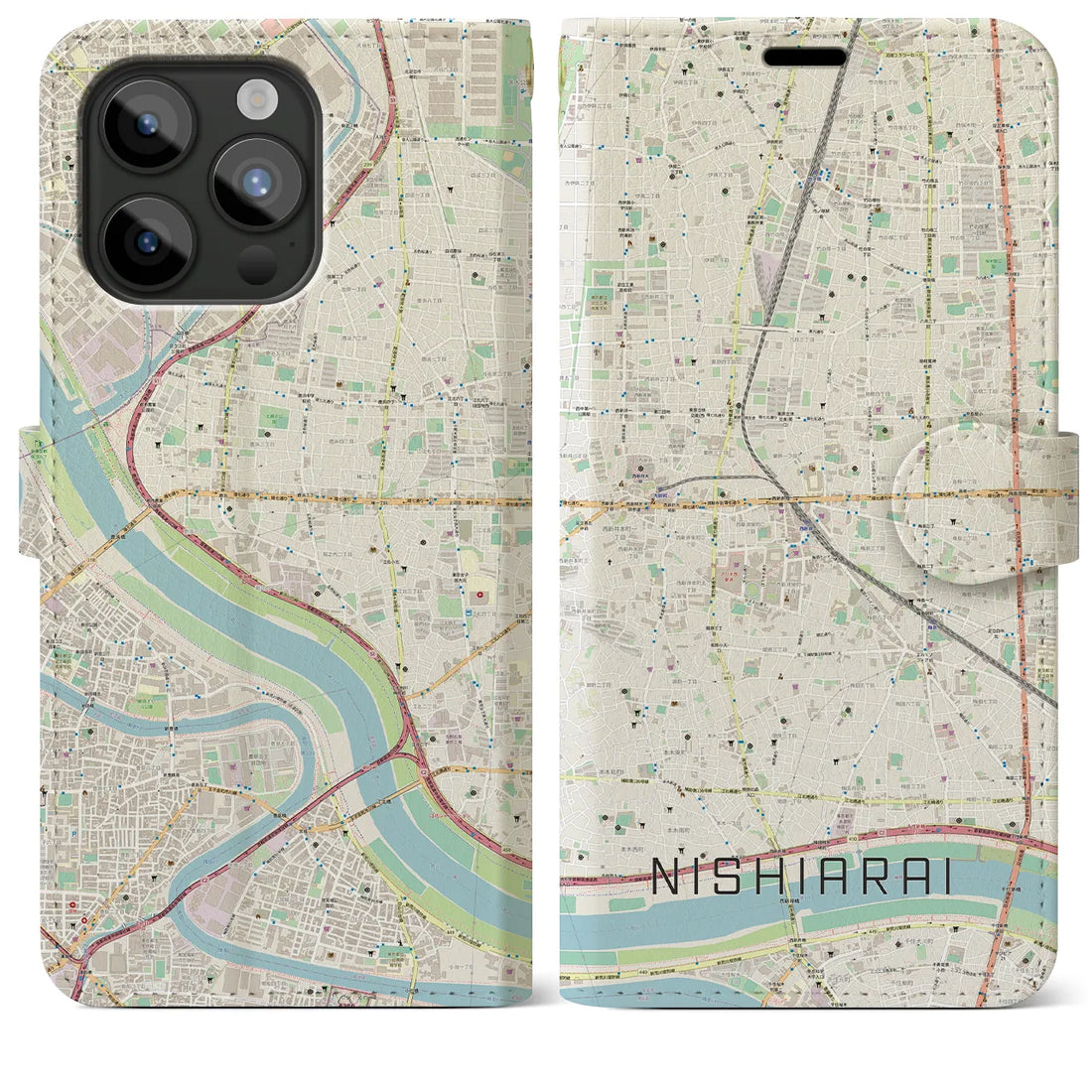 【西新井】地図柄iPhoneケース（手帳両面タイプ・ナチュラル）iPhone 15 Pro Max 用