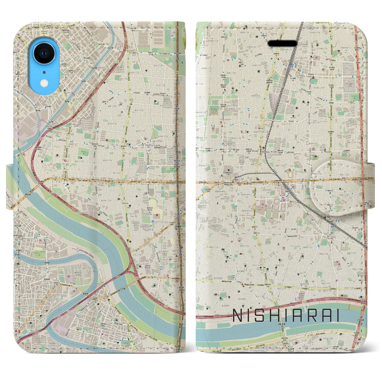 【西新井】地図柄iPhoneケース（手帳両面タイプ・ナチュラル）iPhone XR 用