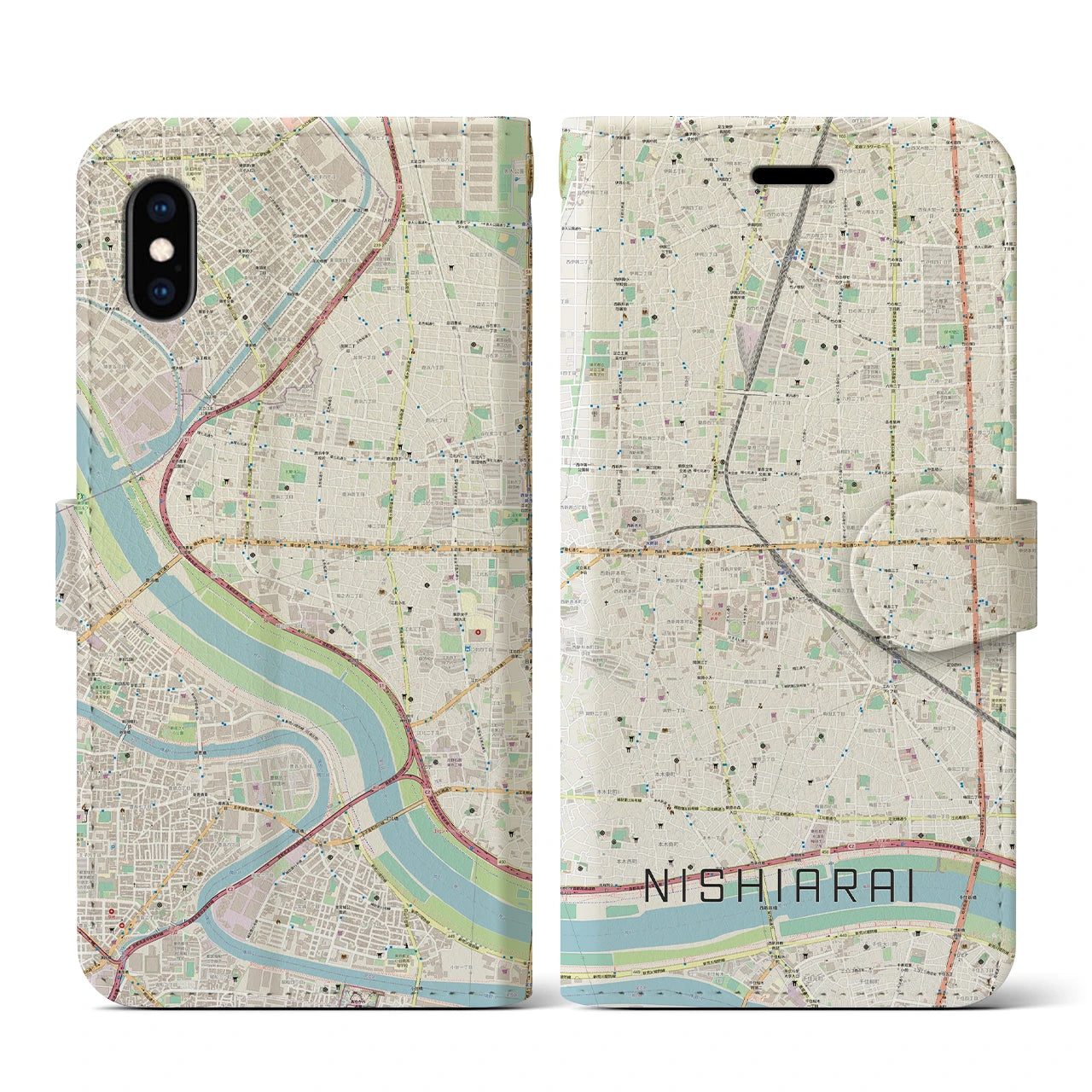 【西新井】地図柄iPhoneケース（手帳両面タイプ・ナチュラル）iPhone XS / X 用