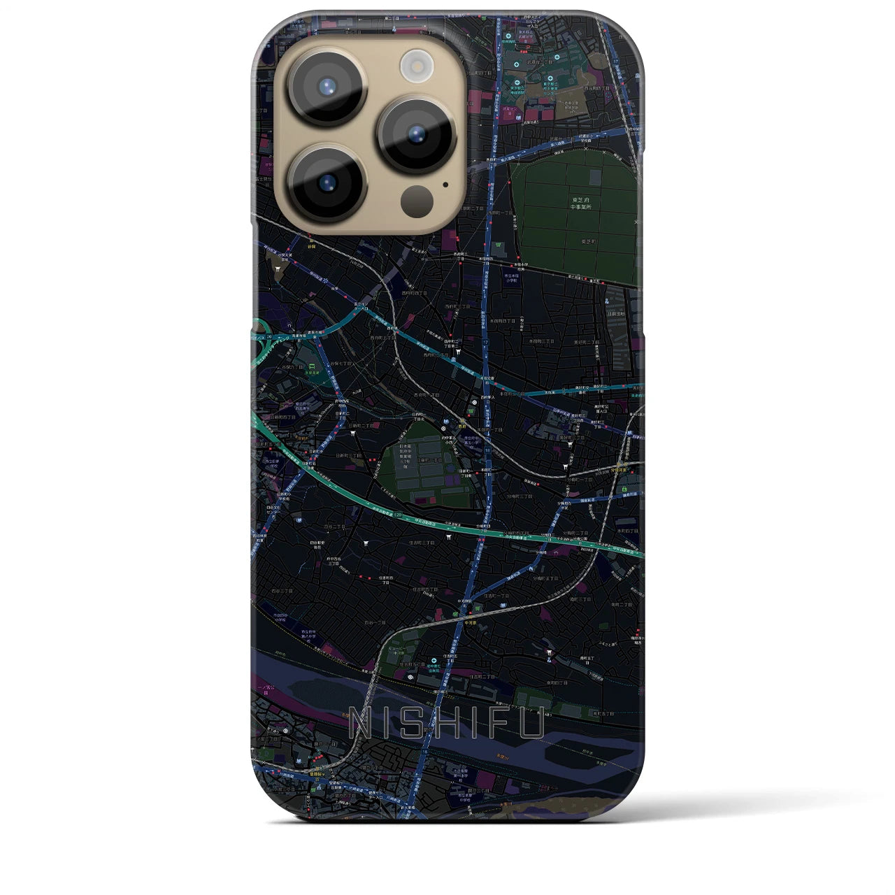 【西府】地図柄iPhoneケース（バックカバータイプ・ブラック）iPhone 14 Pro Max 用