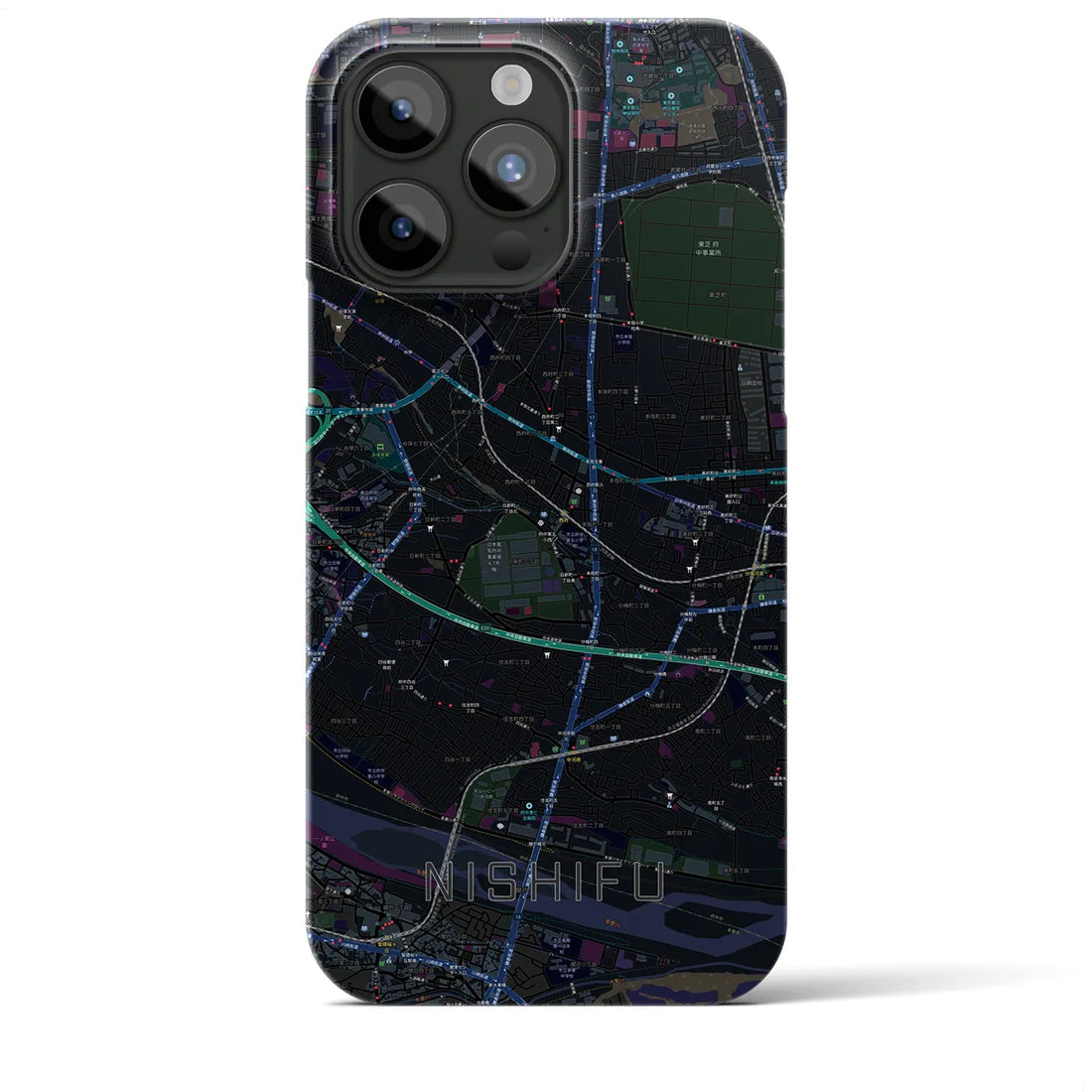 【西府】地図柄iPhoneケース（バックカバータイプ・ブラック）iPhone 15 Pro Max 用