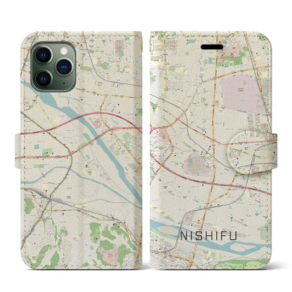 【西府（東京都）】地図柄iPhoneケース（手帳タイプ）ナチュラル・iPhone 11 Pro 用
