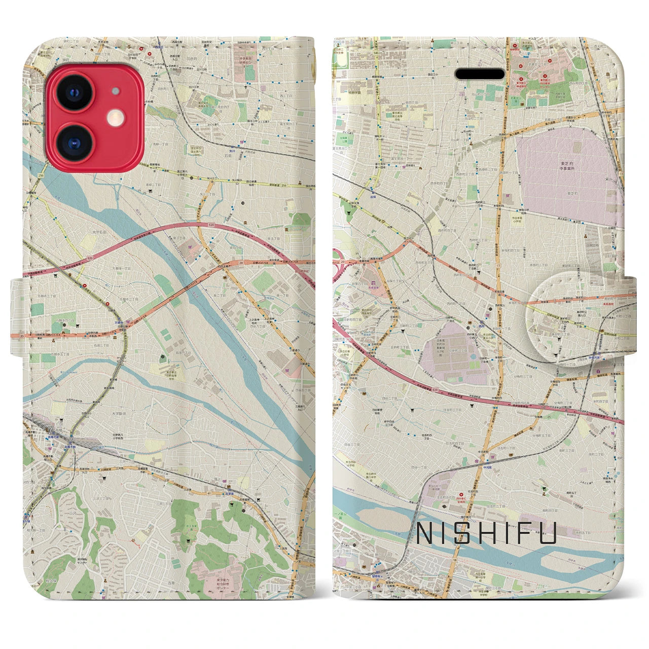 【西府】地図柄iPhoneケース（手帳両面タイプ・ナチュラル）iPhone 11 用