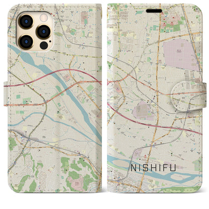 【西府（東京都）】地図柄iPhoneケース（手帳タイプ）ナチュラル・iPhone 12 Pro Max 用