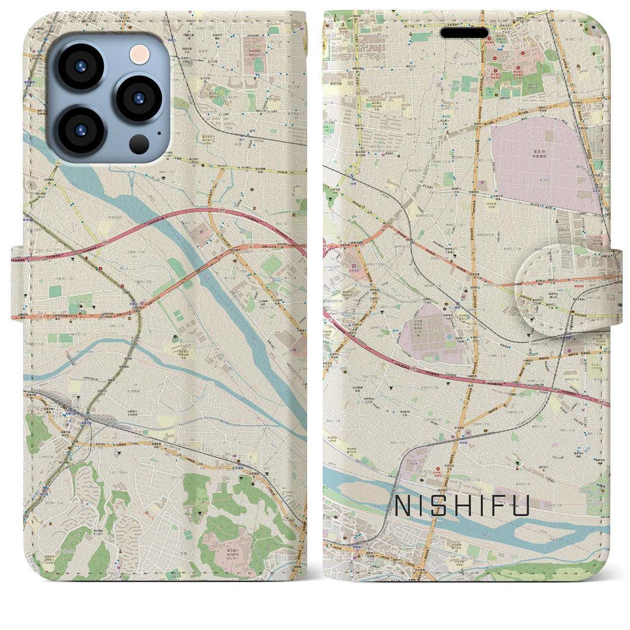 【西府】地図柄iPhoneケース（手帳両面タイプ・ナチュラル）iPhone 13 Pro Max 用