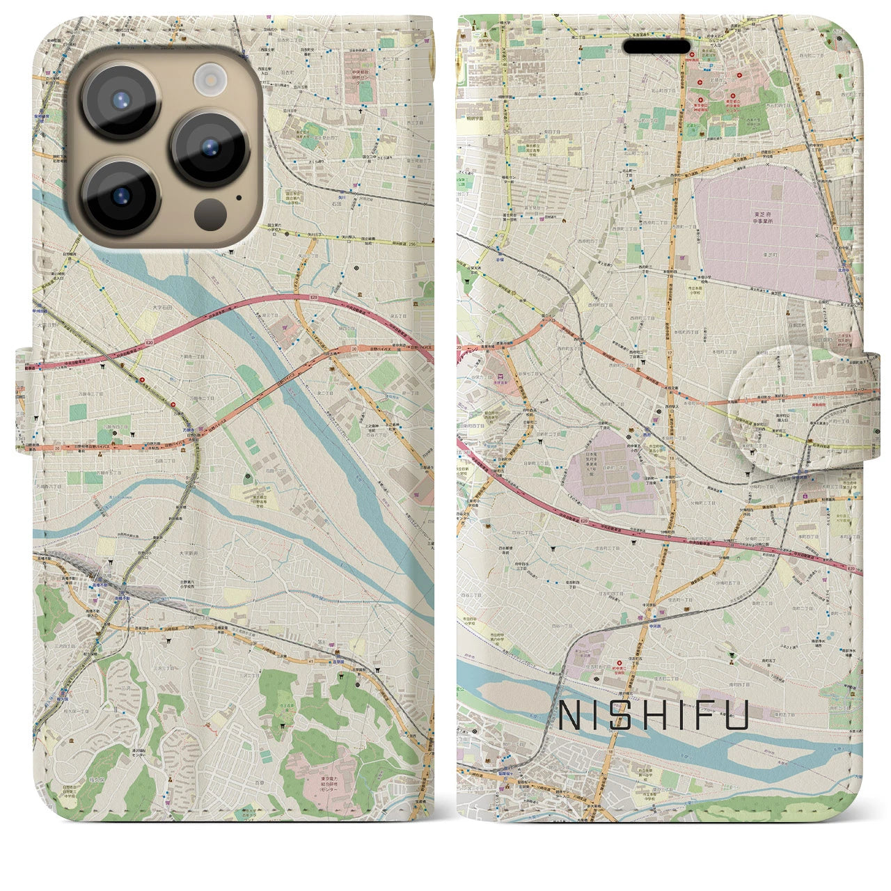 【西府】地図柄iPhoneケース（手帳両面タイプ・ナチュラル）iPhone 14 Pro Max 用