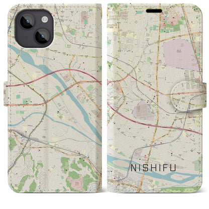 【西府（東京都）】地図柄iPhoneケース（手帳タイプ）ナチュラル・iPhone 14 Plus 用