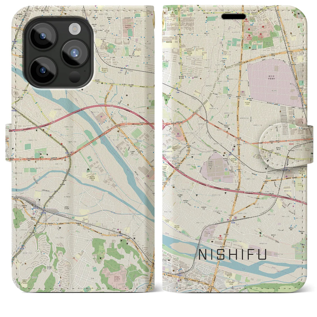 【西府】地図柄iPhoneケース（手帳両面タイプ・ナチュラル）iPhone 15 Pro Max 用