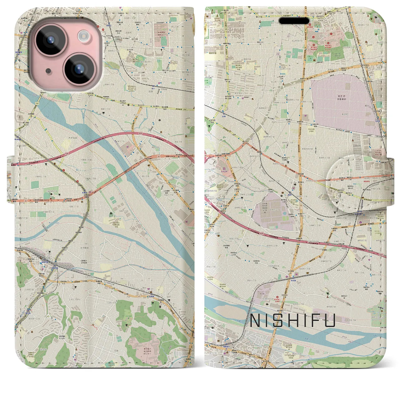 【西府】地図柄iPhoneケース（手帳両面タイプ・ナチュラル）iPhone 15 Plus 用