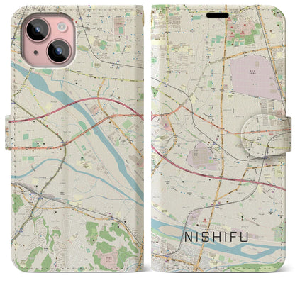【西府（東京都）】地図柄iPhoneケース（手帳タイプ）ナチュラル・iPhone 15 Plus 用
