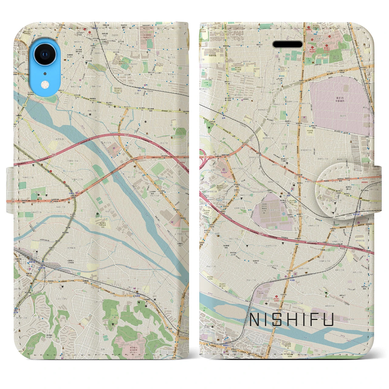 【西府】地図柄iPhoneケース（手帳両面タイプ・ナチュラル）iPhone XR 用