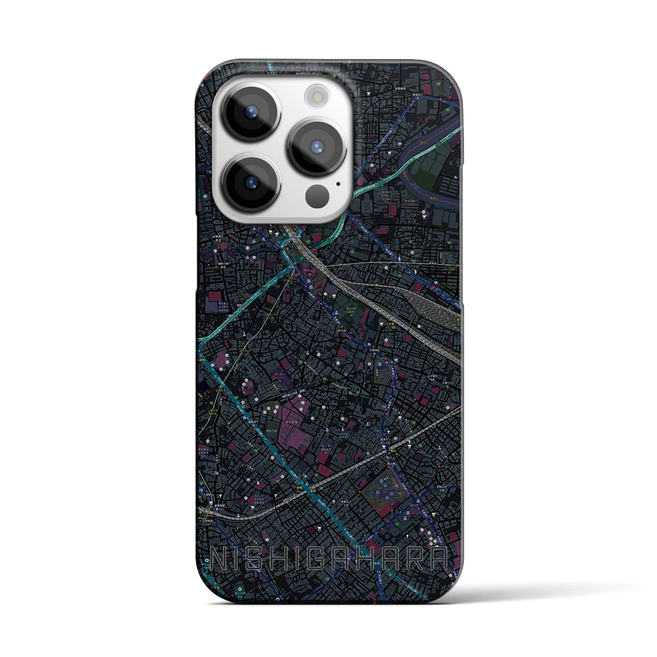 【西ケ原】地図柄iPhoneケース（バックカバータイプ・ブラック）iPhone 14 Pro 用