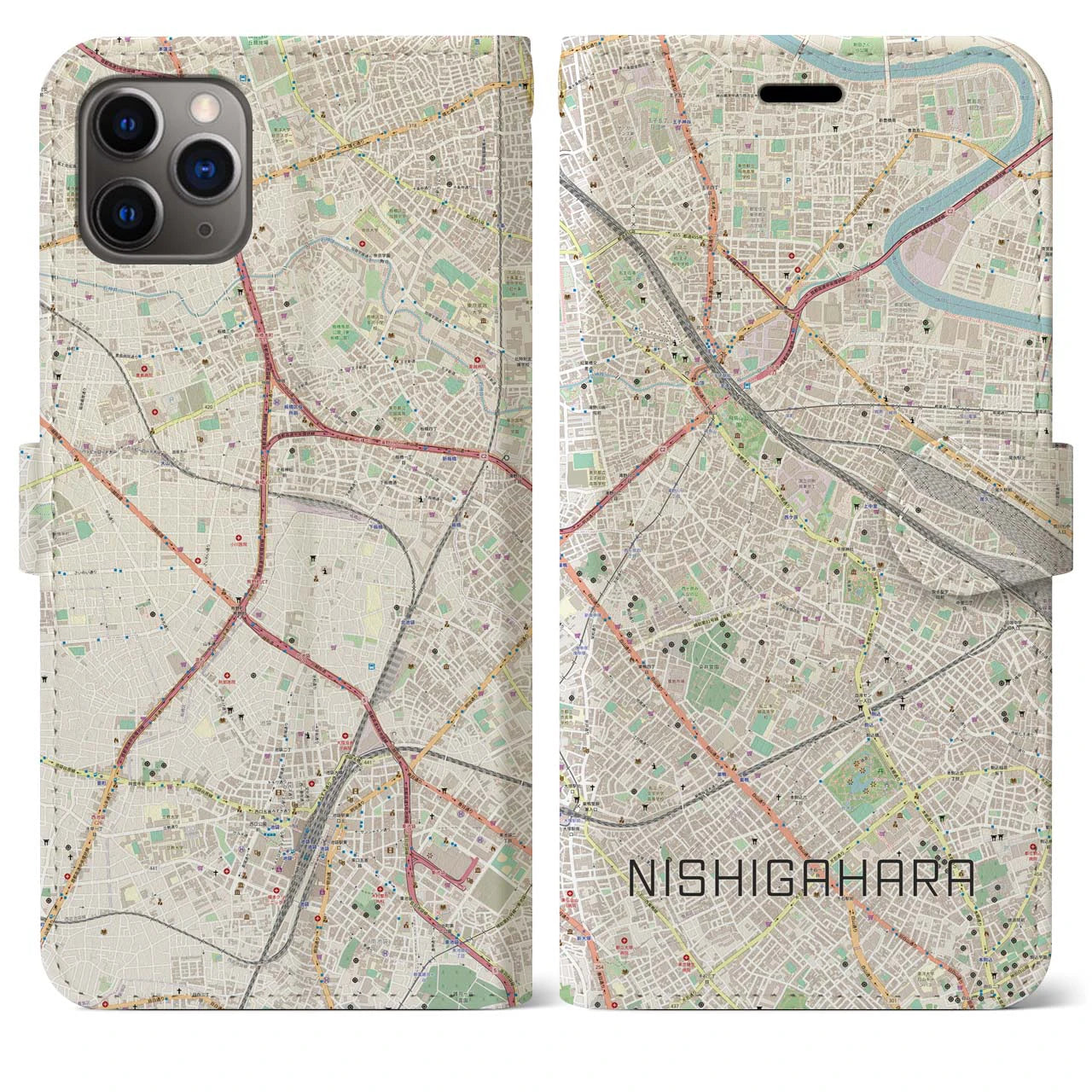 【西ケ原】地図柄iPhoneケース（手帳両面タイプ・ナチュラル）iPhone 11 Pro Max 用