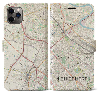 【西ケ原】地図柄iPhoneケース（手帳両面タイプ・ナチュラル）iPhone 11 Pro Max 用
