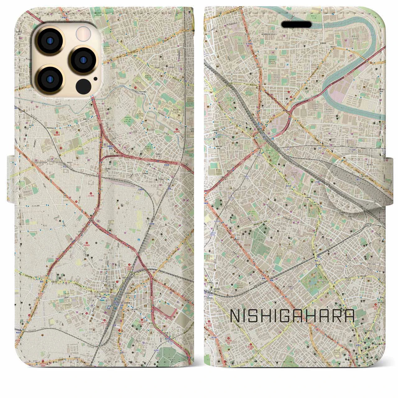 【西ケ原】地図柄iPhoneケース（手帳両面タイプ・ナチュラル）iPhone 12 Pro Max 用