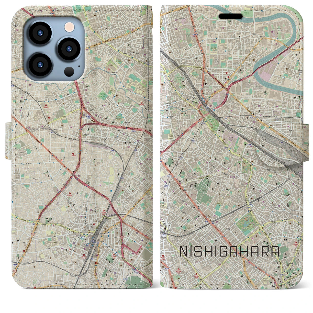 【西ケ原】地図柄iPhoneケース（手帳両面タイプ・ナチュラル）iPhone 13 Pro Max 用