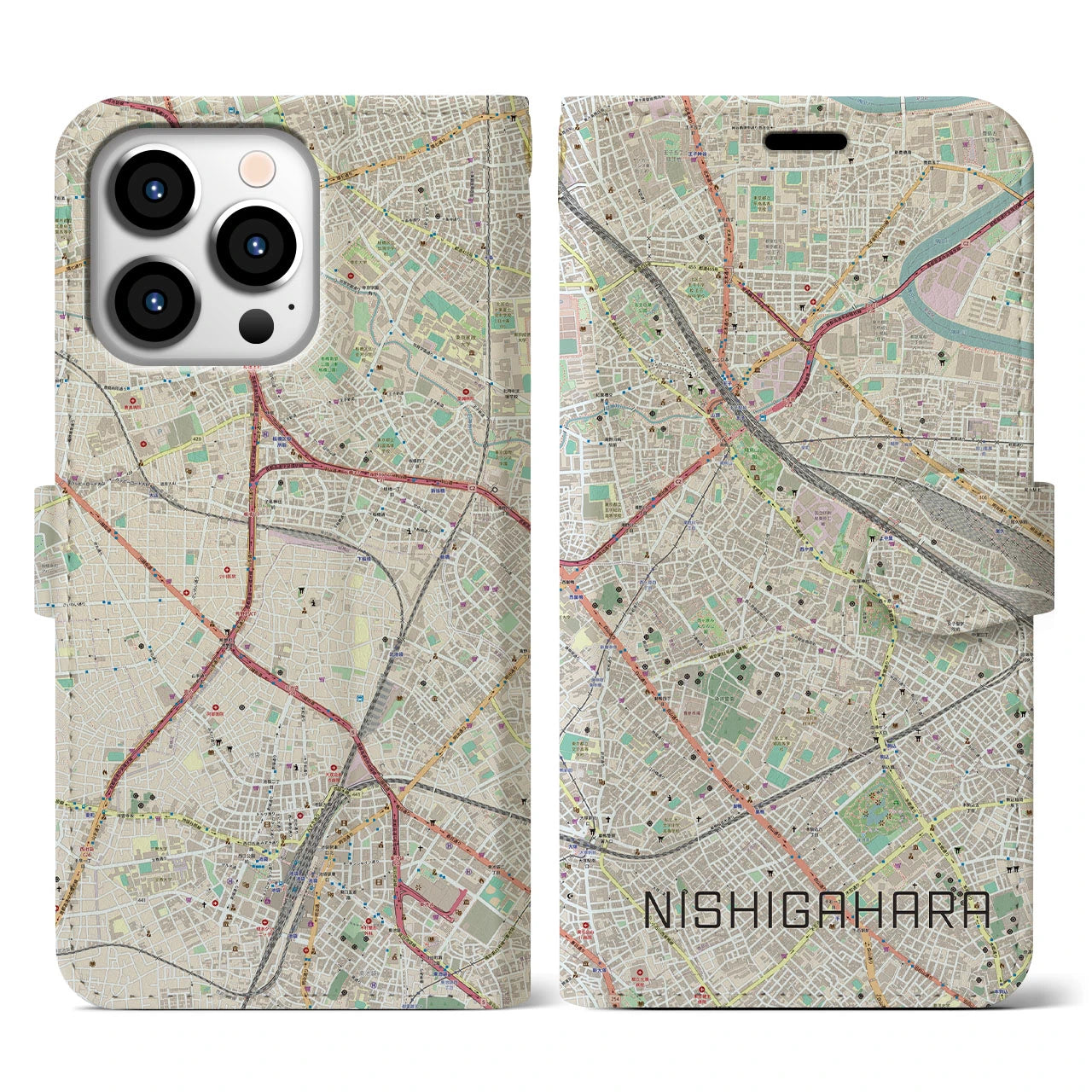 【西ケ原】地図柄iPhoneケース（手帳両面タイプ・ナチュラル）iPhone 13 Pro 用