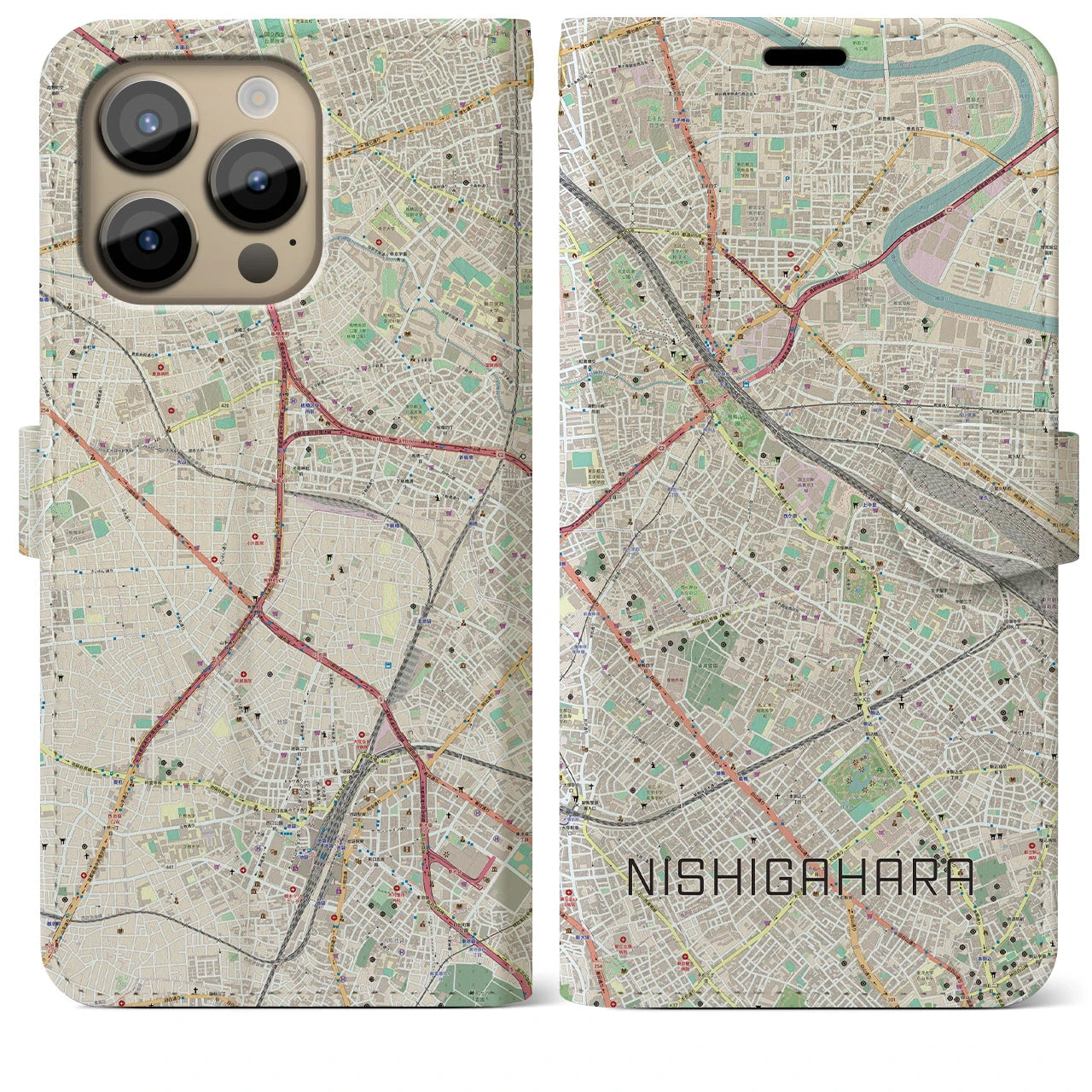 【西ケ原】地図柄iPhoneケース（手帳両面タイプ・ナチュラル）iPhone 14 Pro Max 用