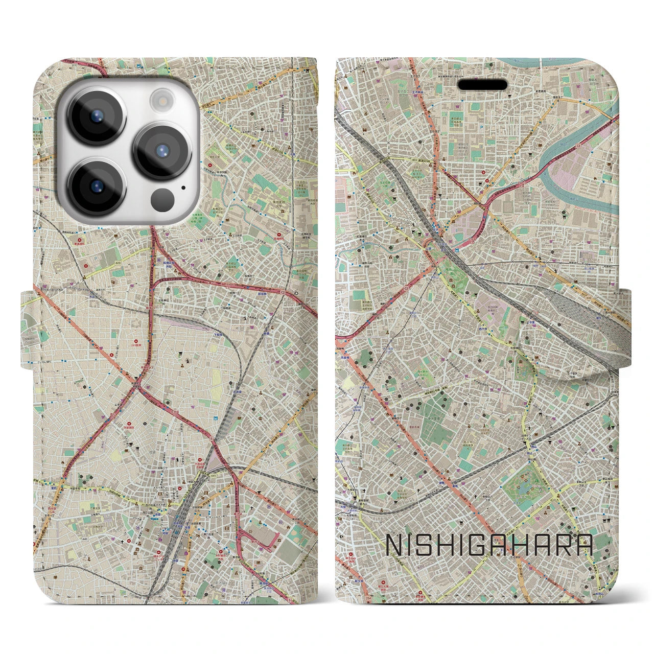 【西ケ原】地図柄iPhoneケース（手帳両面タイプ・ナチュラル）iPhone 14 Pro 用