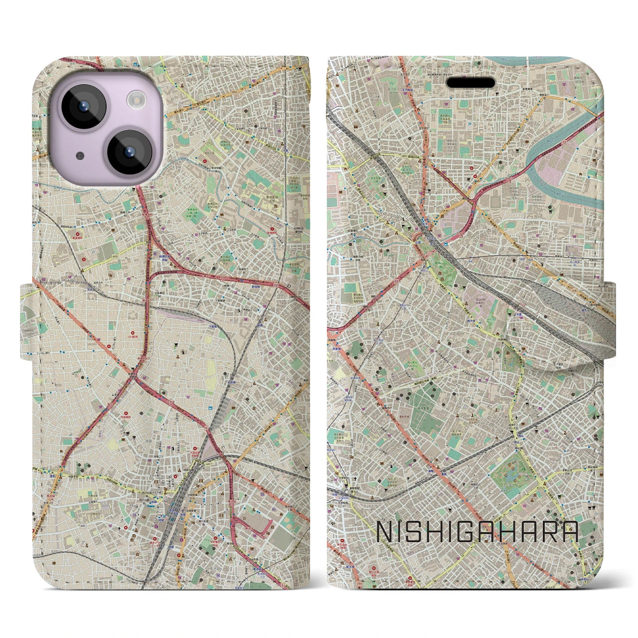 【西ケ原】地図柄iPhoneケース（手帳両面タイプ・ナチュラル）iPhone 14 用
