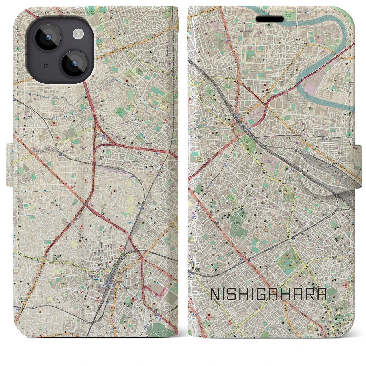 【西ケ原】地図柄iPhoneケース（手帳両面タイプ・ナチュラル）iPhone 14 Plus 用