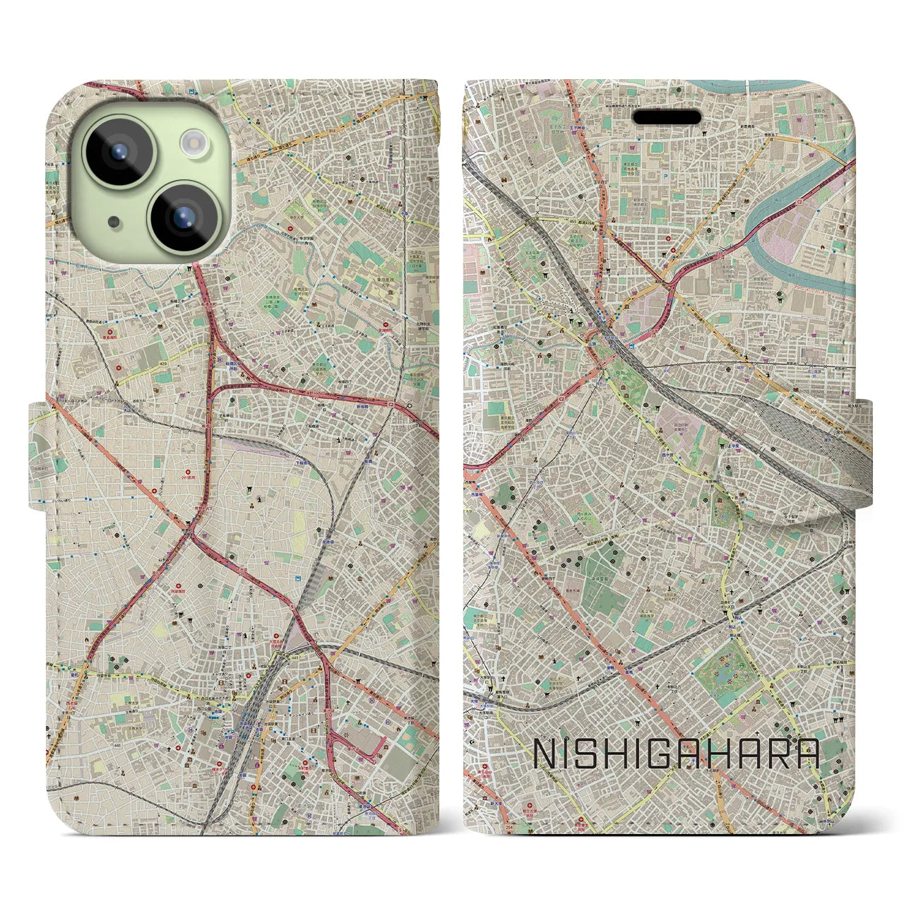 【西ケ原】地図柄iPhoneケース（手帳両面タイプ・ナチュラル）iPhone 15 用