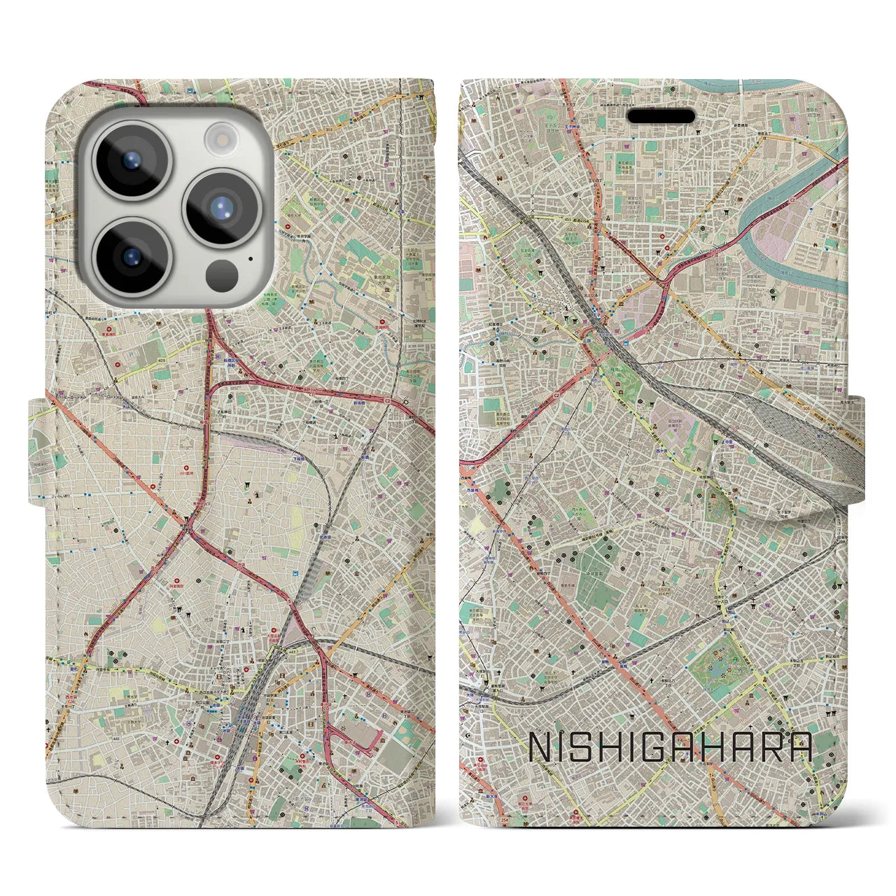 【西ケ原】地図柄iPhoneケース（手帳両面タイプ・ナチュラル）iPhone 15 Pro 用