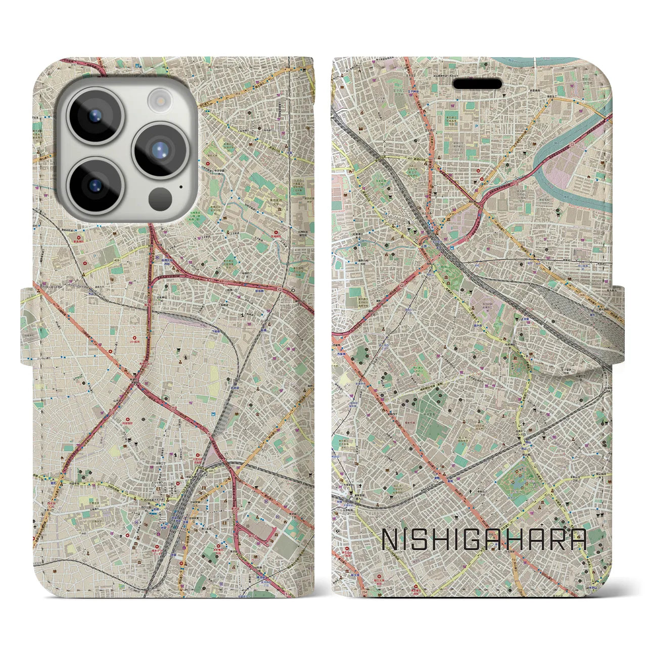 【西ケ原（東京都）】地図柄iPhoneケース（手帳タイプ）ナチュラル・iPhone 15 Pro 用
