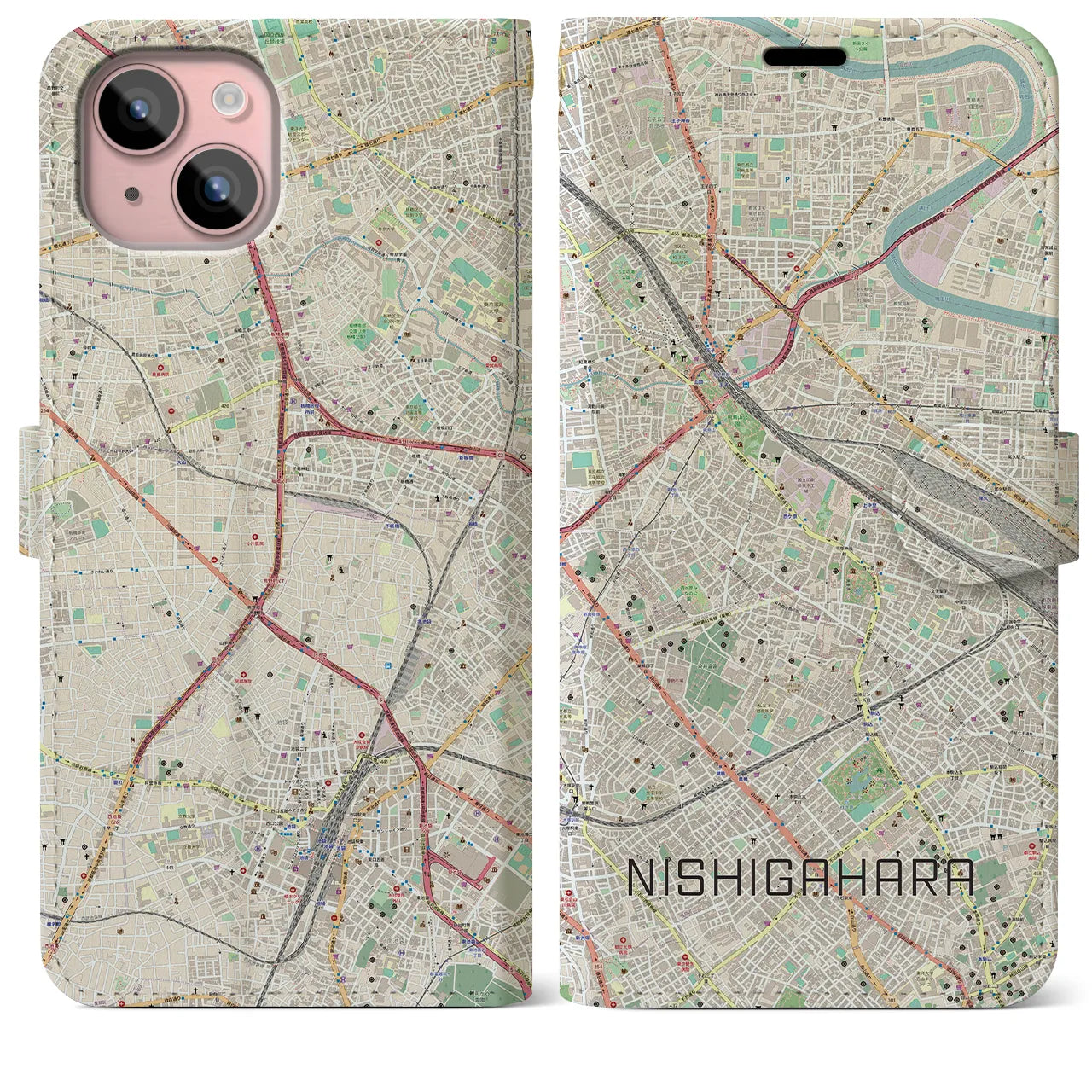 【西ケ原（東京都）】地図柄iPhoneケース（手帳タイプ）ナチュラル・iPhone 15 Plus 用
