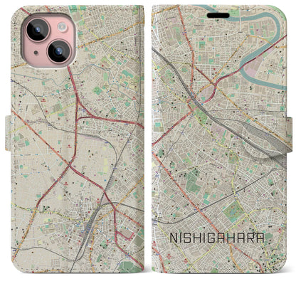 【西ケ原】地図柄iPhoneケース（手帳両面タイプ・ナチュラル）iPhone 15 Plus 用
