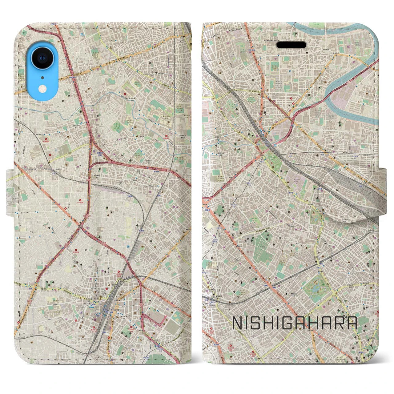 【西ケ原】地図柄iPhoneケース（手帳両面タイプ・ナチュラル）iPhone XR 用