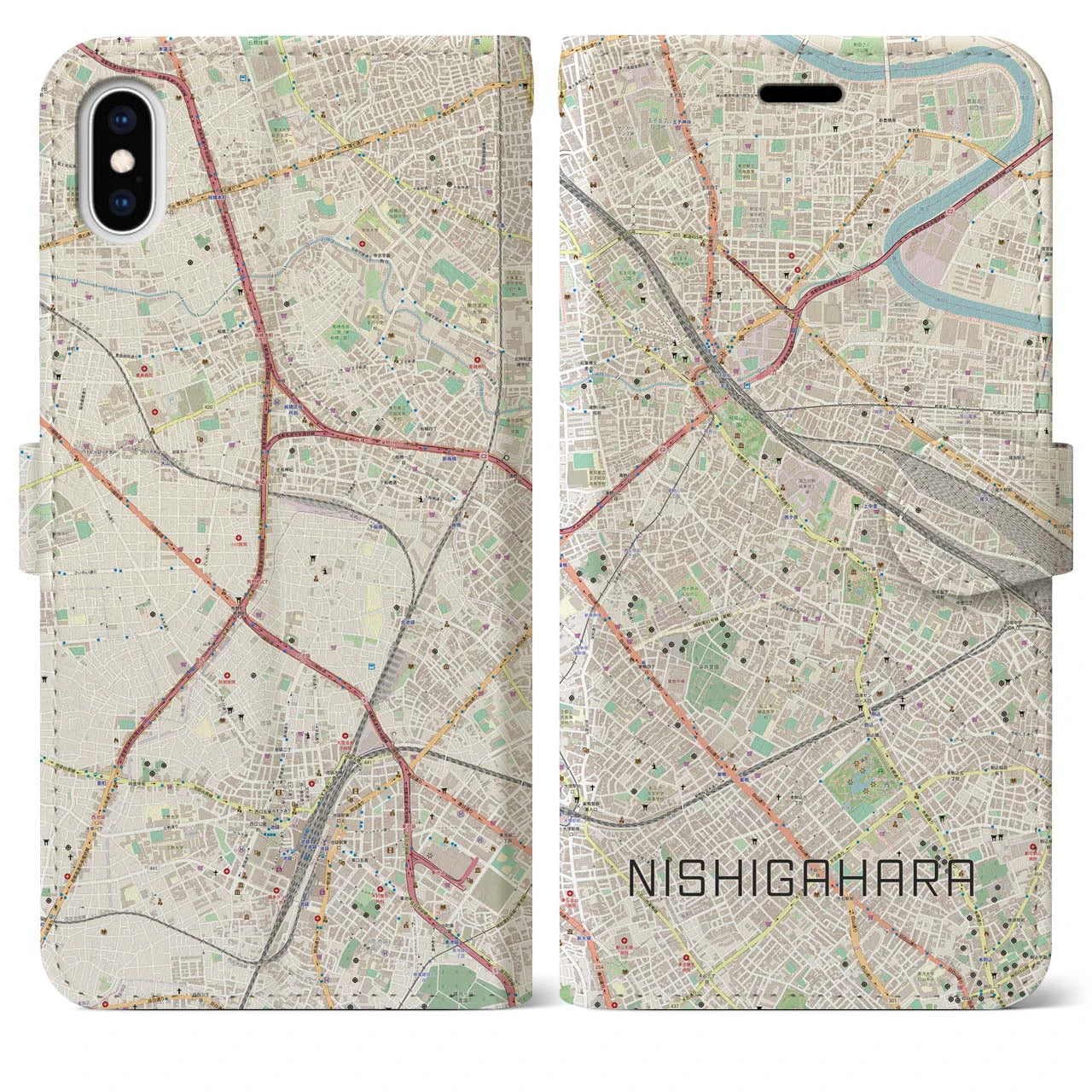 【西ケ原】地図柄iPhoneケース（手帳両面タイプ・ナチュラル）iPhone XS Max 用
