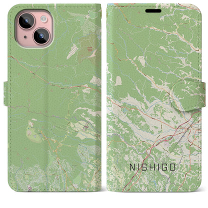 【西郷（福島県）】地図柄iPhoneケース（手帳タイプ）ナチュラル・iPhone 15 Plus 用