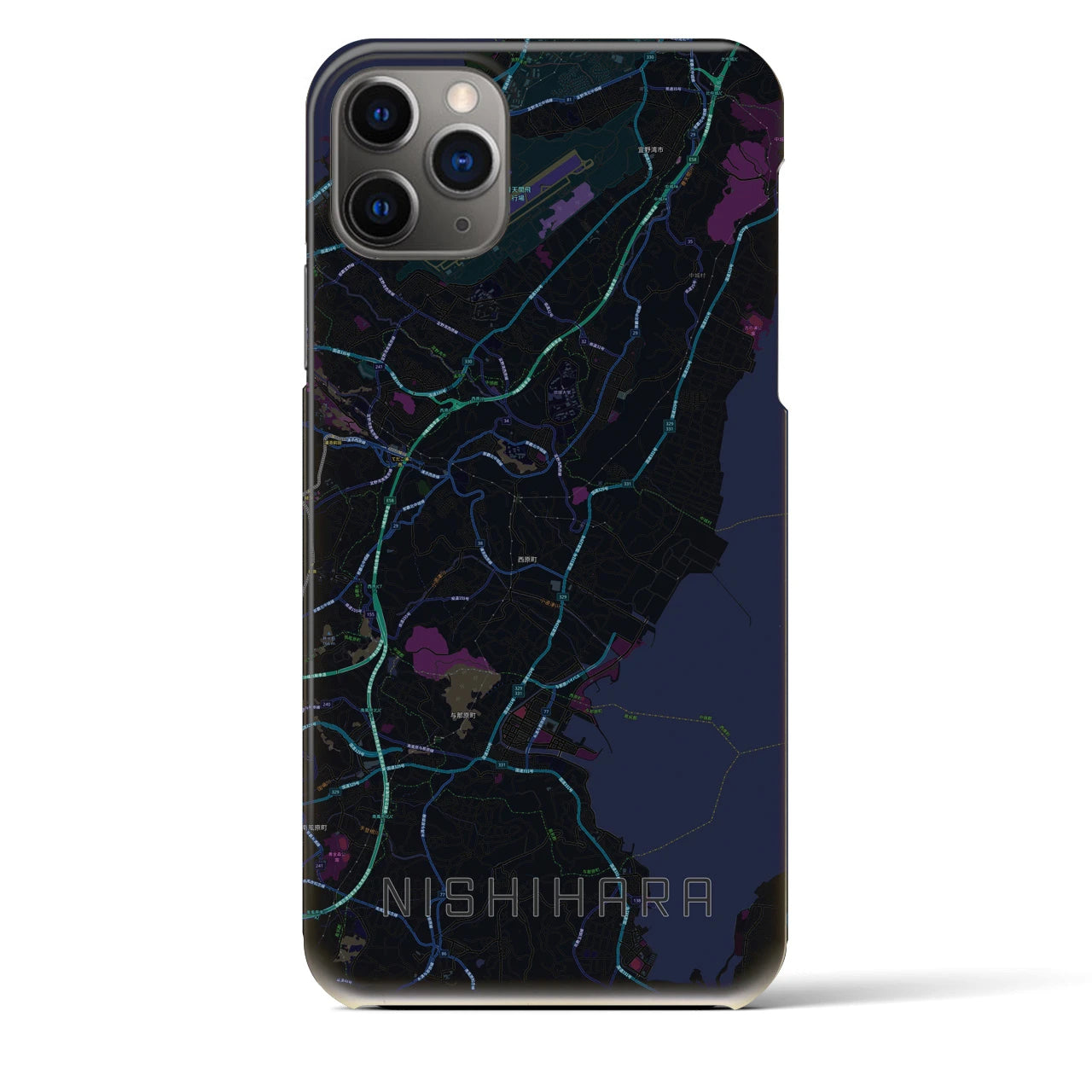 【西原】地図柄iPhoneケース（バックカバータイプ・ブラック）iPhone 11 Pro Max 用