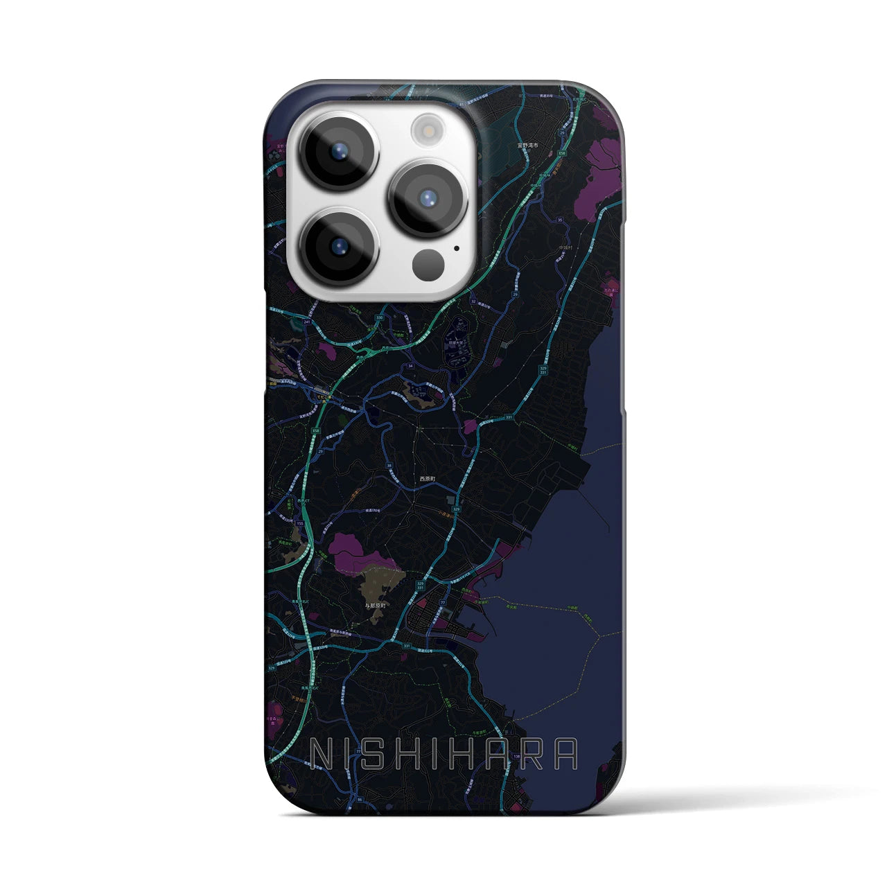 【西原】地図柄iPhoneケース（バックカバータイプ・ブラック）iPhone 14 Pro 用