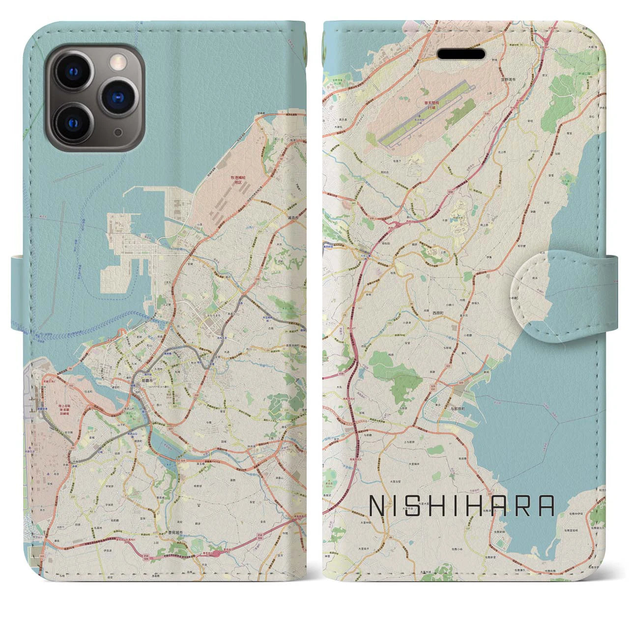 【西原】地図柄iPhoneケース（手帳両面タイプ・ナチュラル）iPhone 11 Pro Max 用