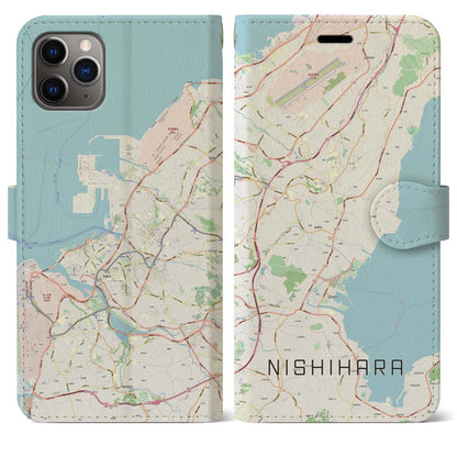【西原（沖縄県）】地図柄iPhoneケース（手帳タイプ）ナチュラル・iPhone 11 Pro Max 用