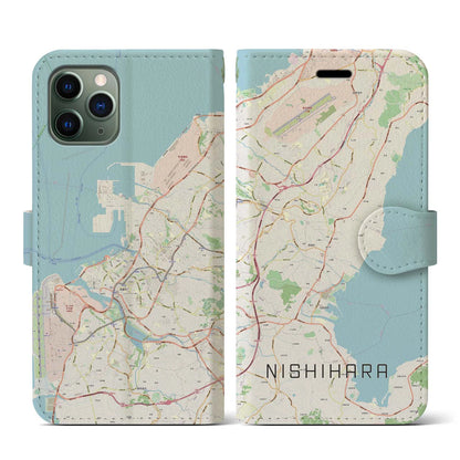 【西原（沖縄県）】地図柄iPhoneケース（手帳タイプ）ナチュラル・iPhone 11 Pro 用