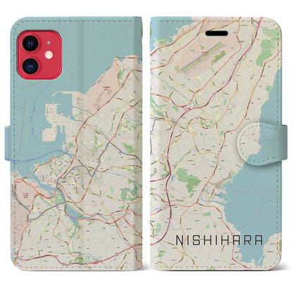 【西原（沖縄県）】地図柄iPhoneケース（手帳タイプ）ナチュラル・iPhone 11 用